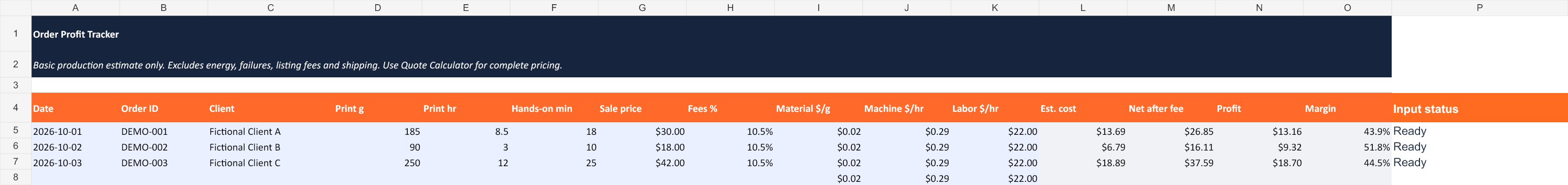 Actual Orders worksheet with three sample orders labeled DEMO-001 through DEMO-003 for Fictional Clients A, B, and C. All rows show Ready input status.